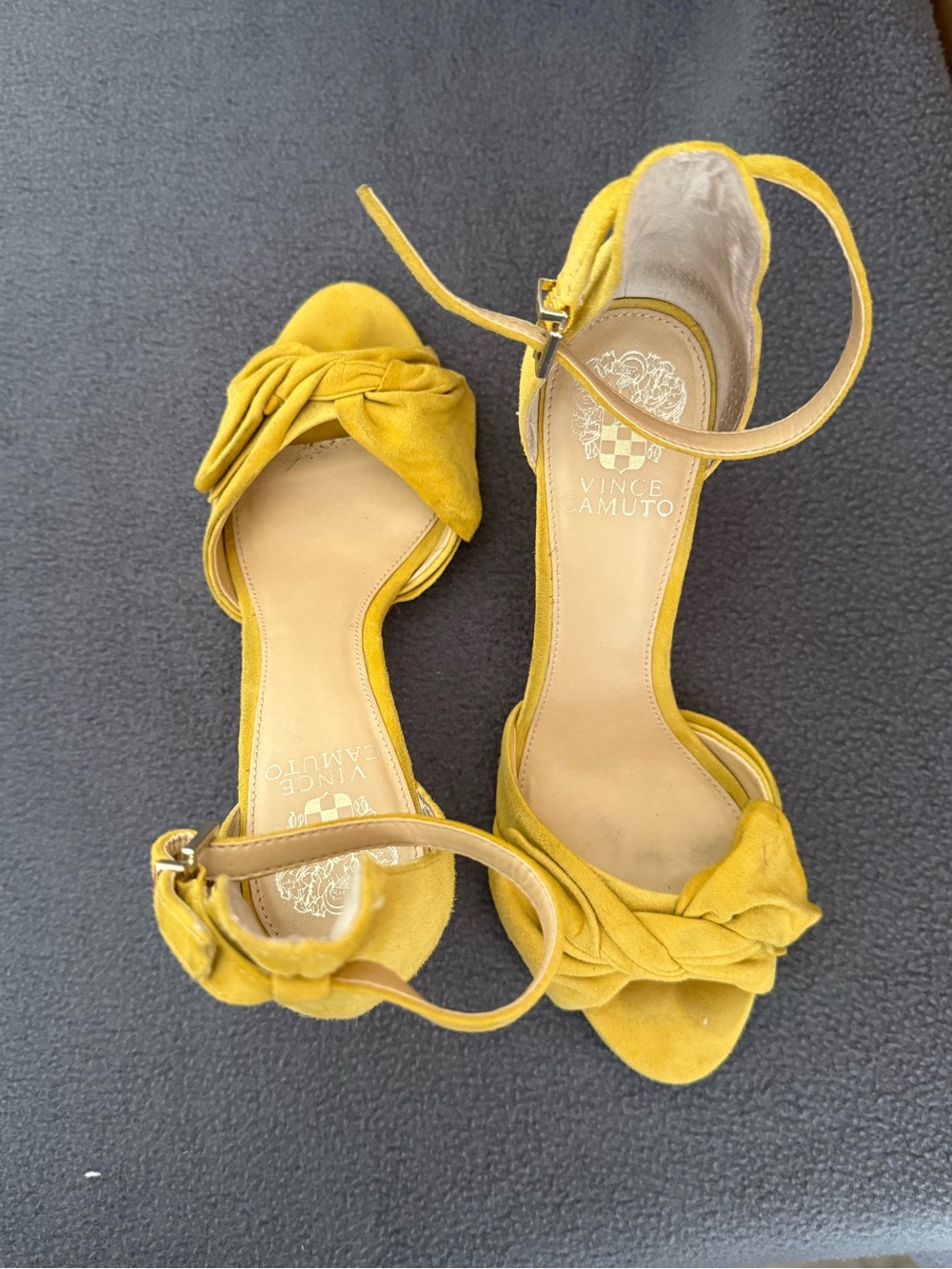 Vince Camuto Mustard Knot Suede Ankle-Strap Heels